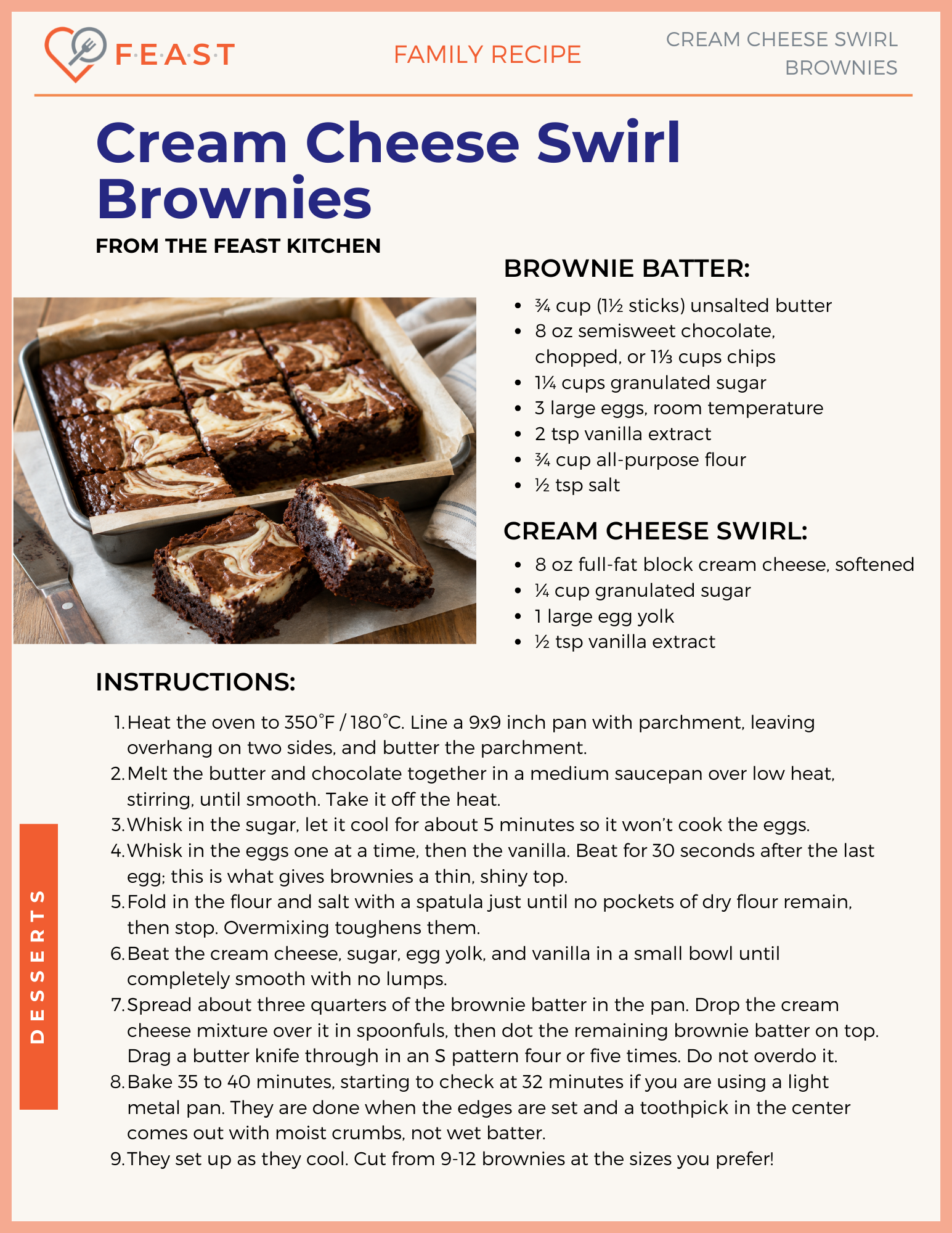 Cream Cheese Swirl Brownies recipe card